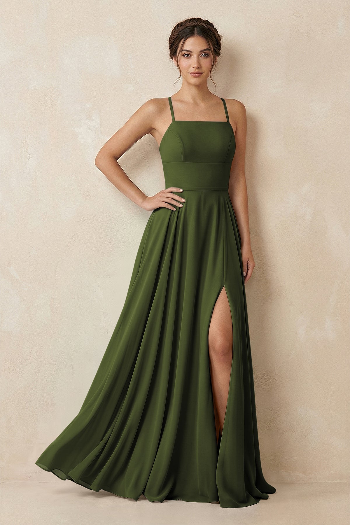 A-Line Chiffon Bridesmaid Dress With Slit in Olive