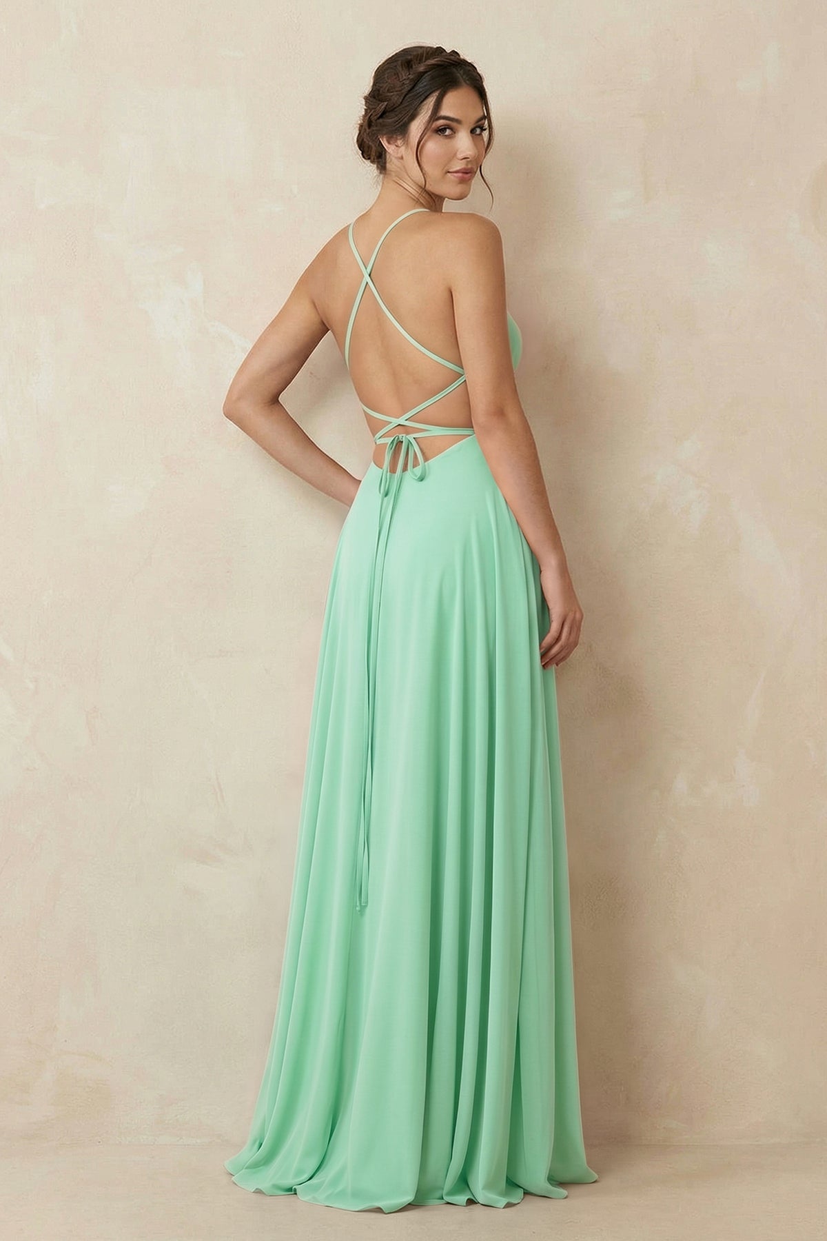 A-Line Chiffon Bridesmaid Dress With Slit in Pale Pistachio