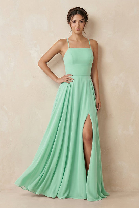 A-Line Chiffon Bridesmaid Dress With Slit in Pale Pistachio