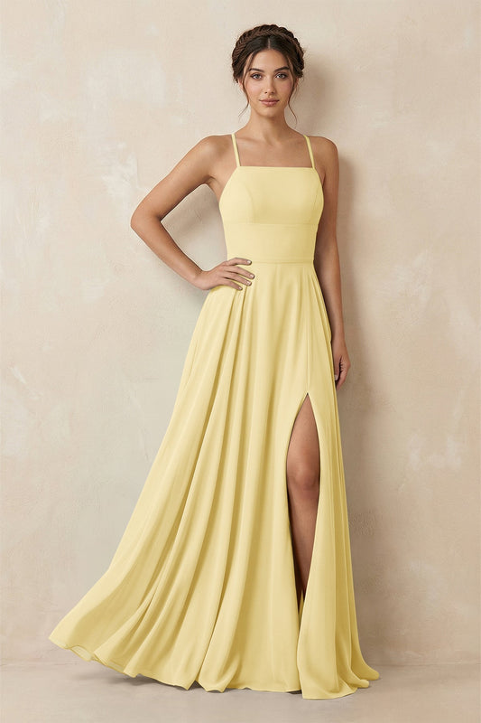 A-Line Chiffon Bridesmaid Dress With Slit in Pastel Yellow