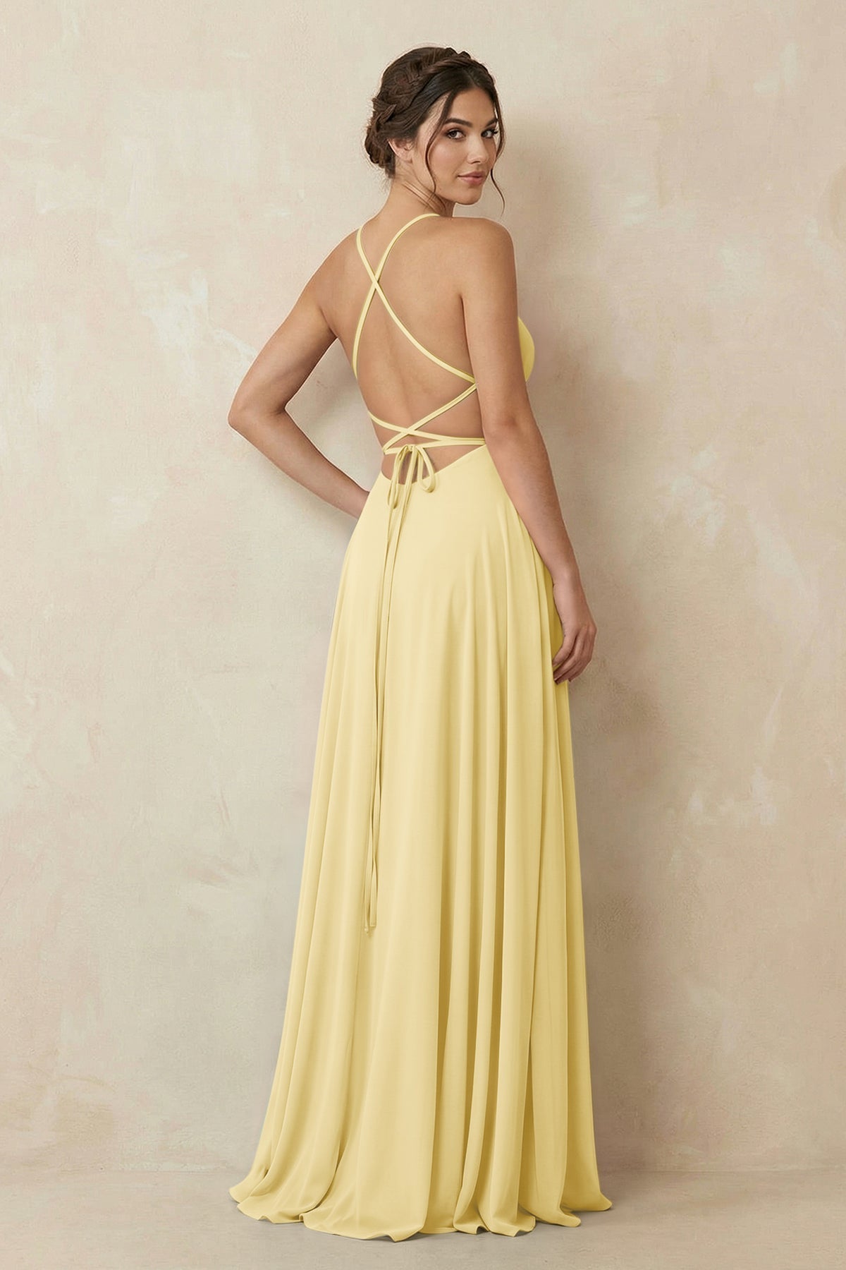 A-Line Chiffon Bridesmaid Dress With Slit in Pastel Yellow