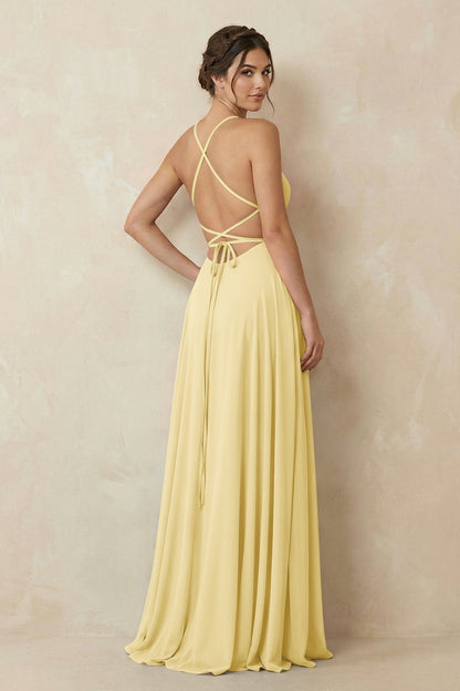 A-Line Chiffon Bridesmaid Dress With Slit in Pastel Yellow