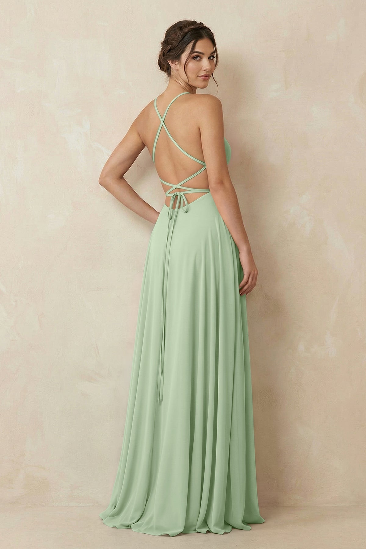 A-Line Chiffon Bridesmaid Dress With Slit in Sage