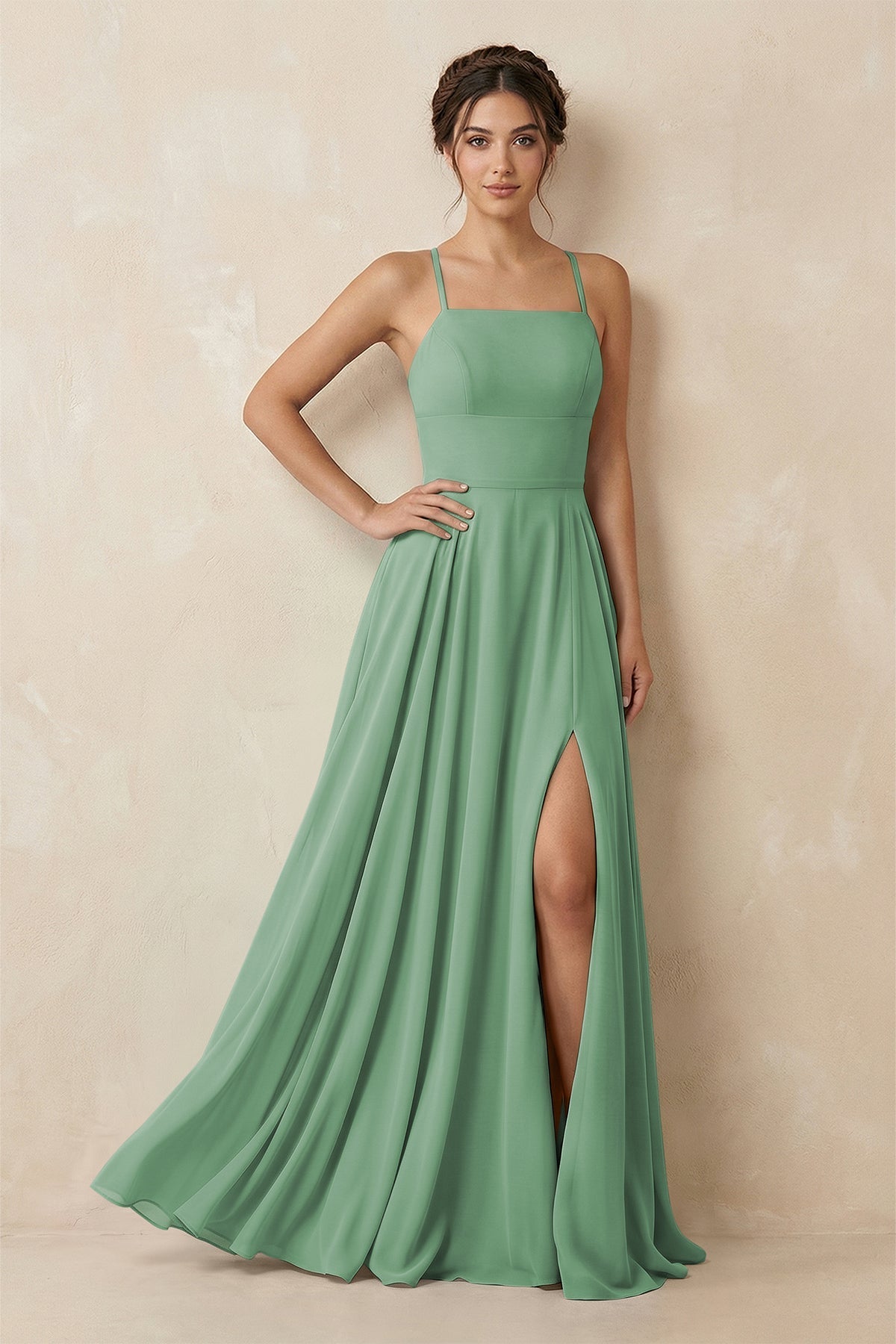 A-Line Chiffon Bridesmaid Dress With Slit in Sea Glass
