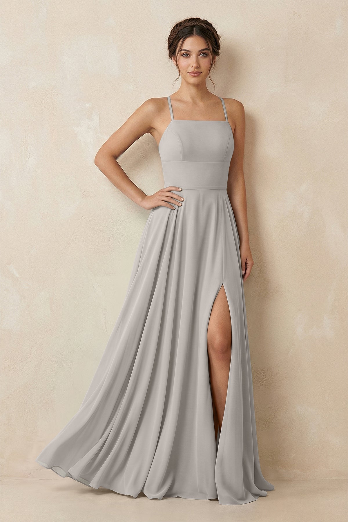 A-Line Chiffon Bridesmaid Dress With Slit in Silver