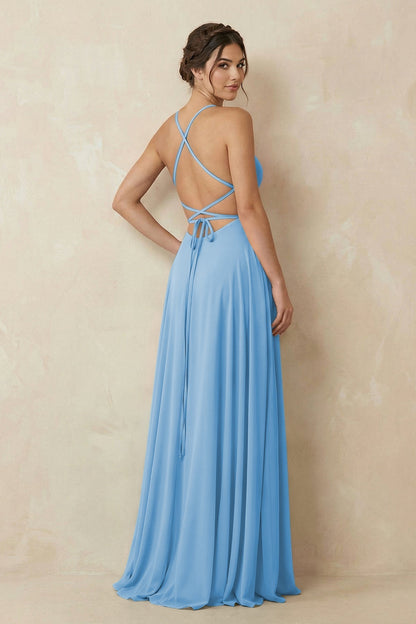 A-Line Chiffon Bridesmaid Dress With Slit in Steel Blue