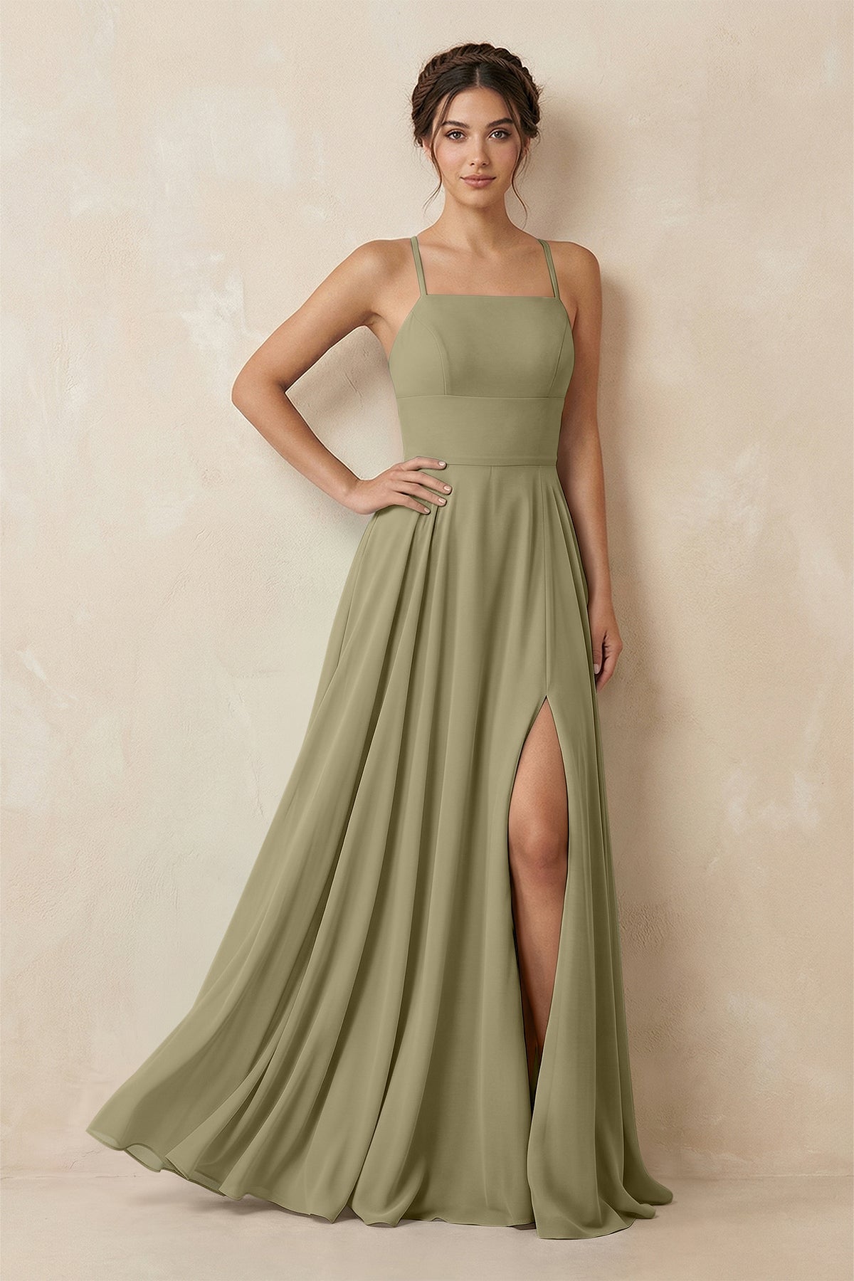 A-Line Chiffon Bridesmaid Dress With Slit in Thyme