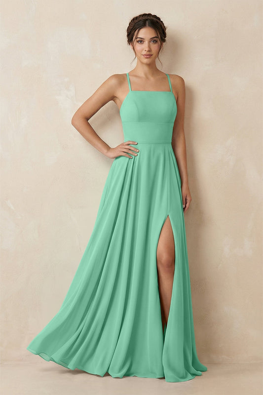 A-Line Chiffon Bridesmaid Dress With Slit in Turquoise