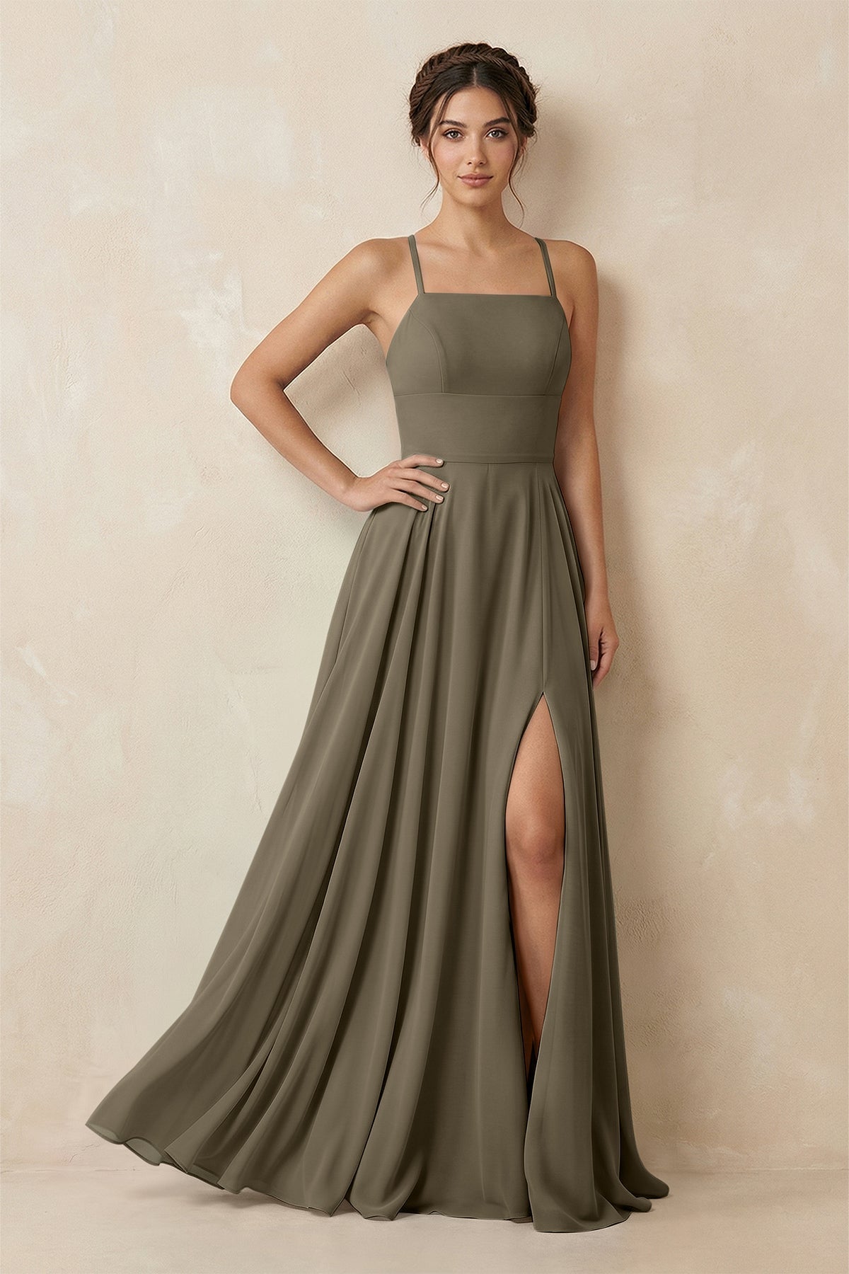 A-Line Chiffon Bridesmaid Dress With Slit in Willow Green