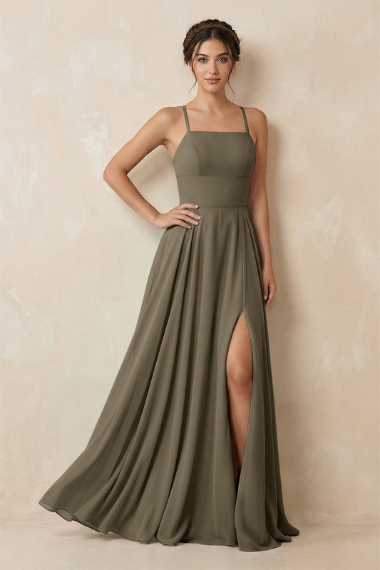 A-Line Chiffon Bridesmaid Dress With Slit in Willow Green