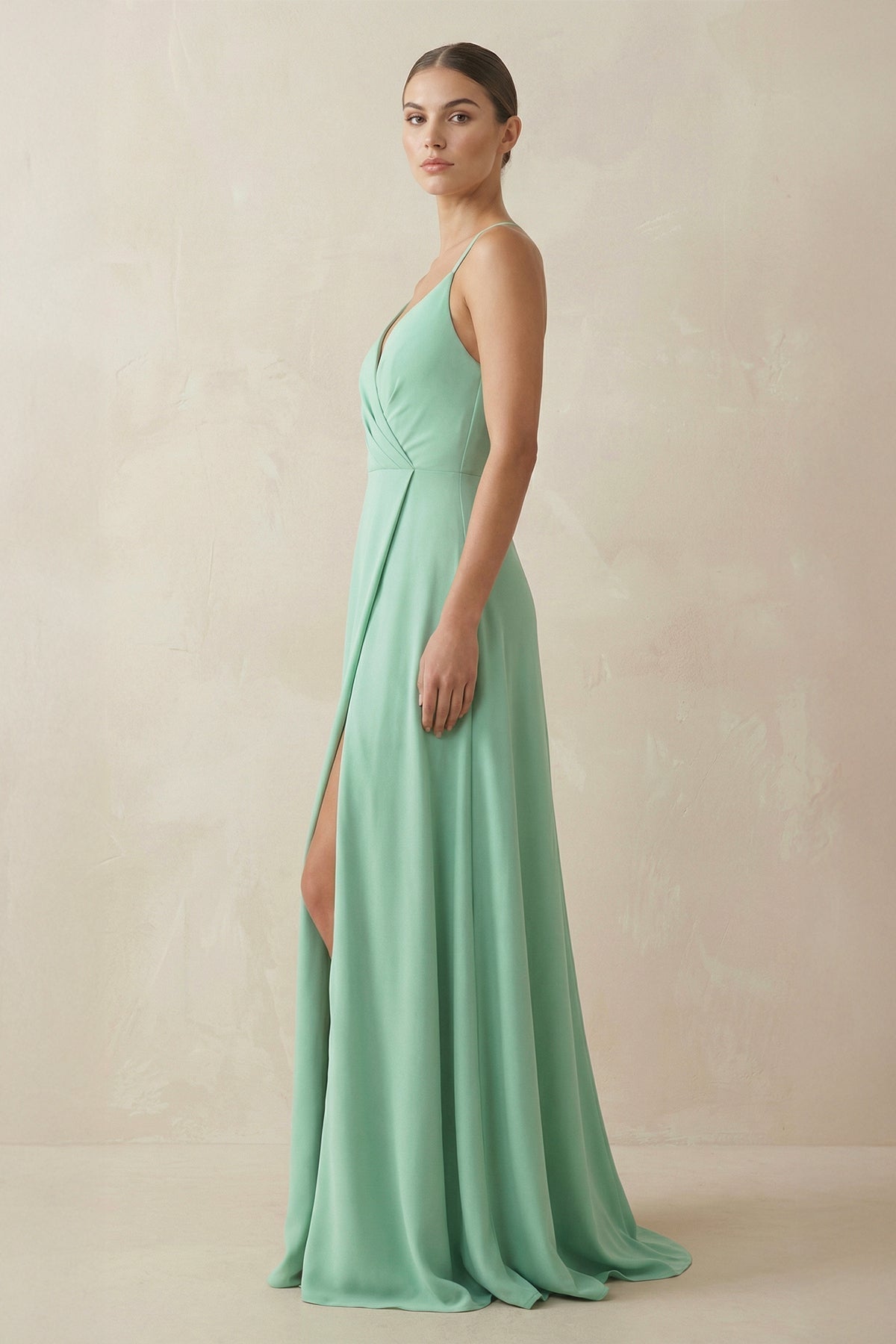 A-Line Chiffon Long Bridesmaid Dress With Slit in Pale Pistachio