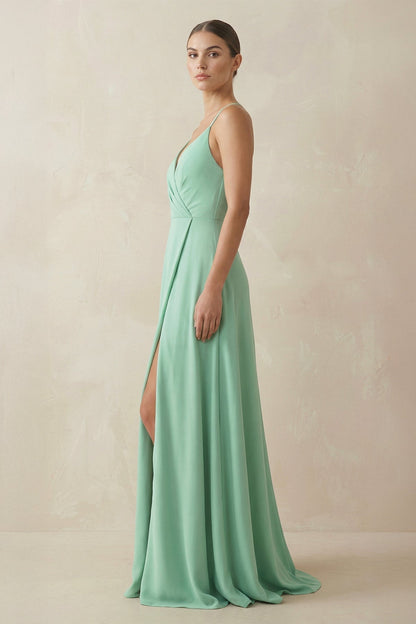 A-Line Chiffon Long Bridesmaid Dress With Slit in Pale Pistachio