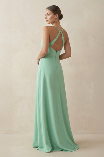 A-Line Chiffon Long Bridesmaid Dress With Slit in Pale Pistachio