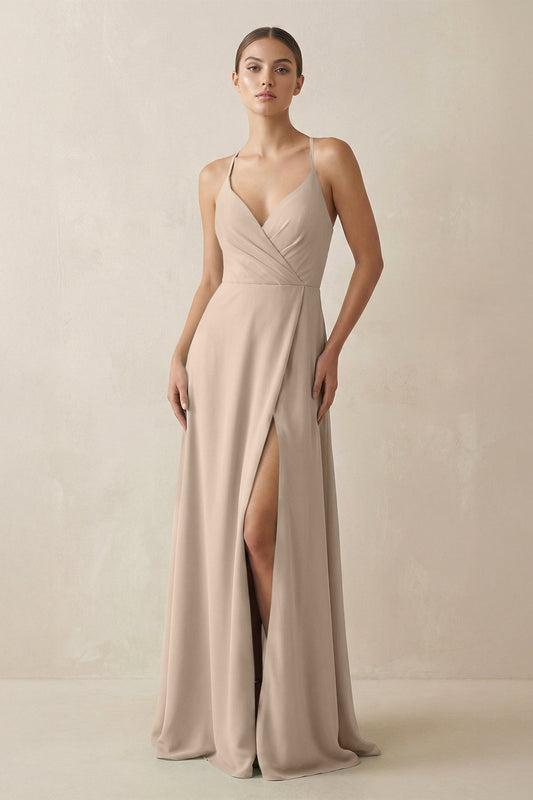 A-Line Chiffon Long Bridesmaid Dress With Slit in Almond