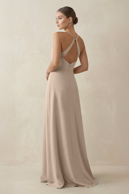 A-Line Chiffon Long Bridesmaid Dress With Slit in Almond