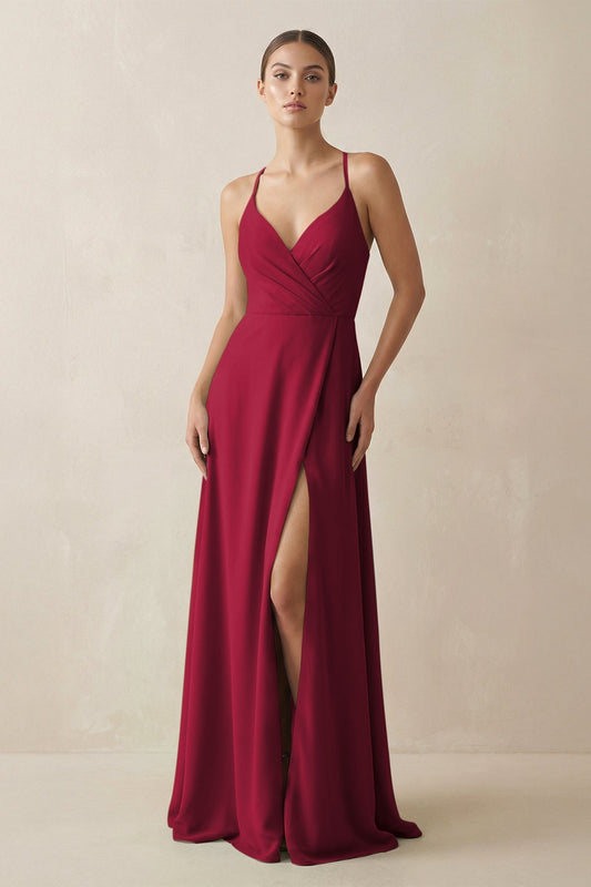 A-Line Chiffon Long Bridesmaid Dress With Slit in Berry