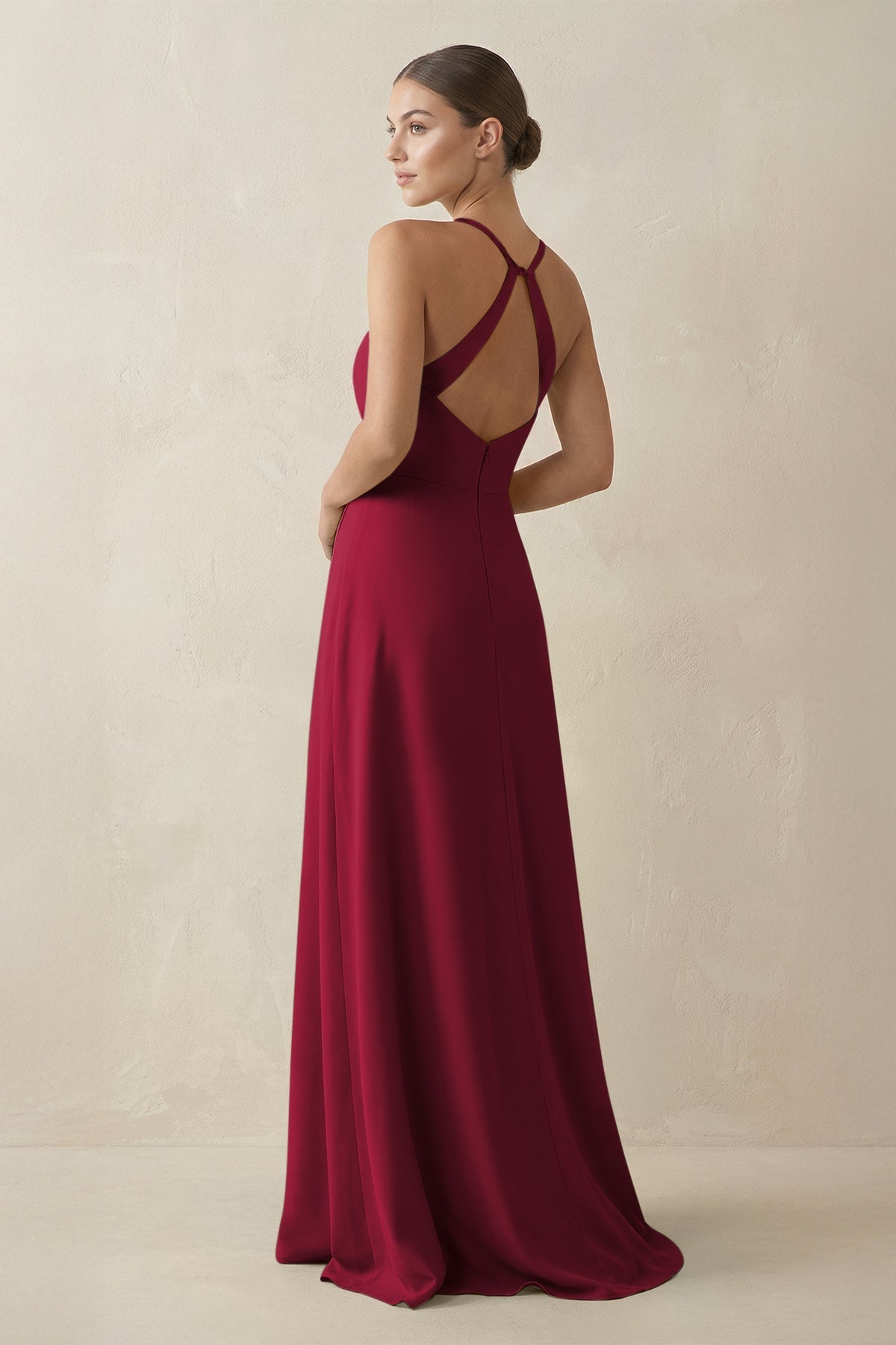 A-Line Chiffon Long Bridesmaid Dress With Slit in Berry