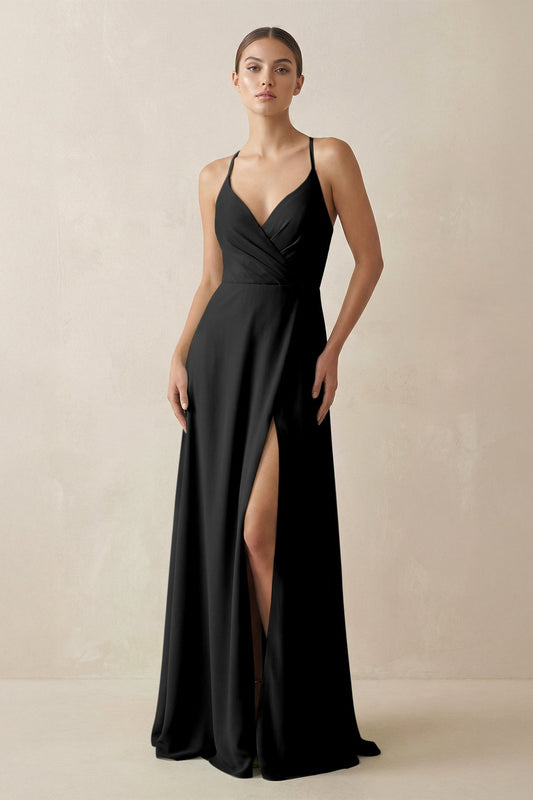 A-Line Chiffon Long Bridesmaid Dress With Slit in Black