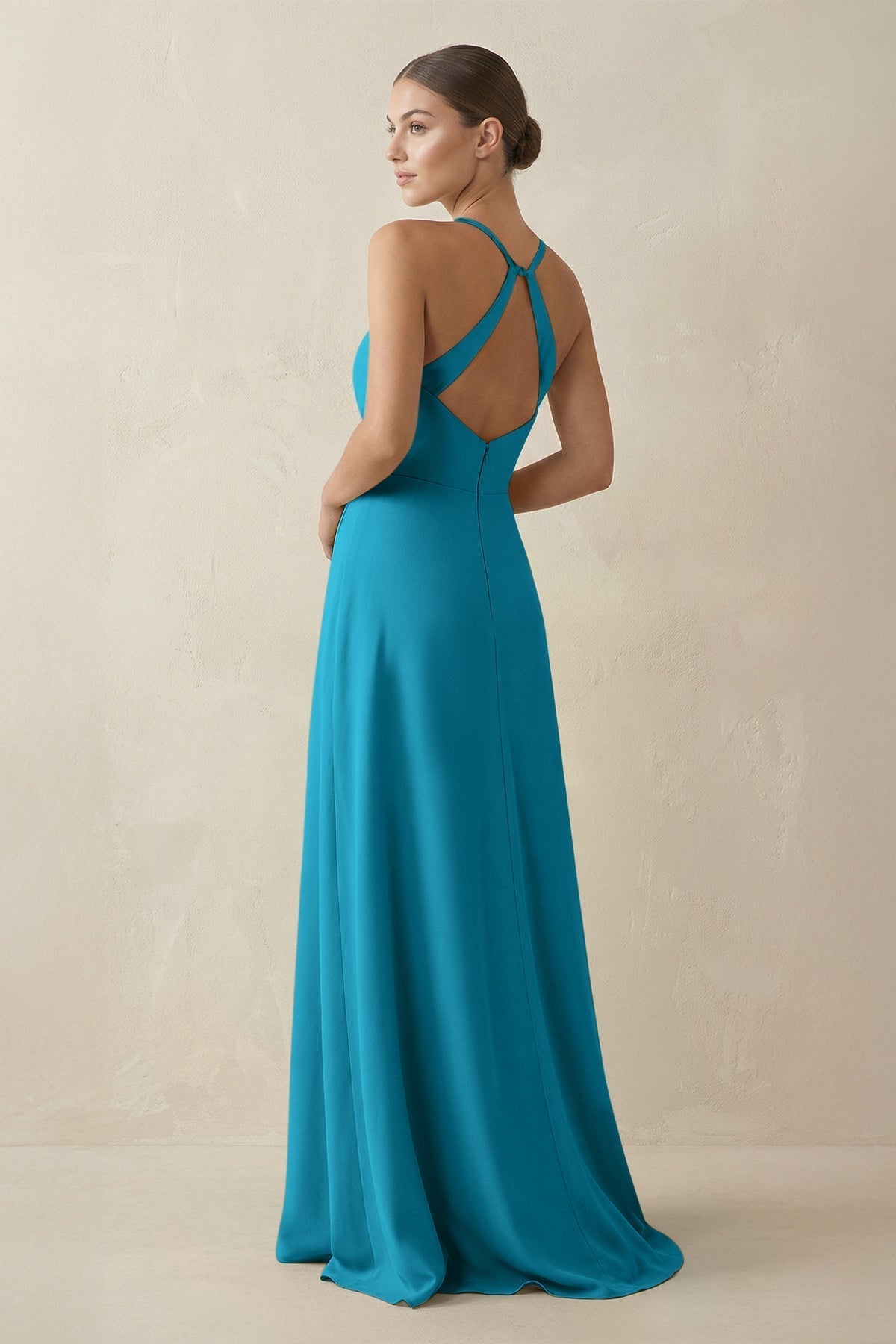 A-Line Chiffon Long Bridesmaid Dress With Slit in Blue Jay