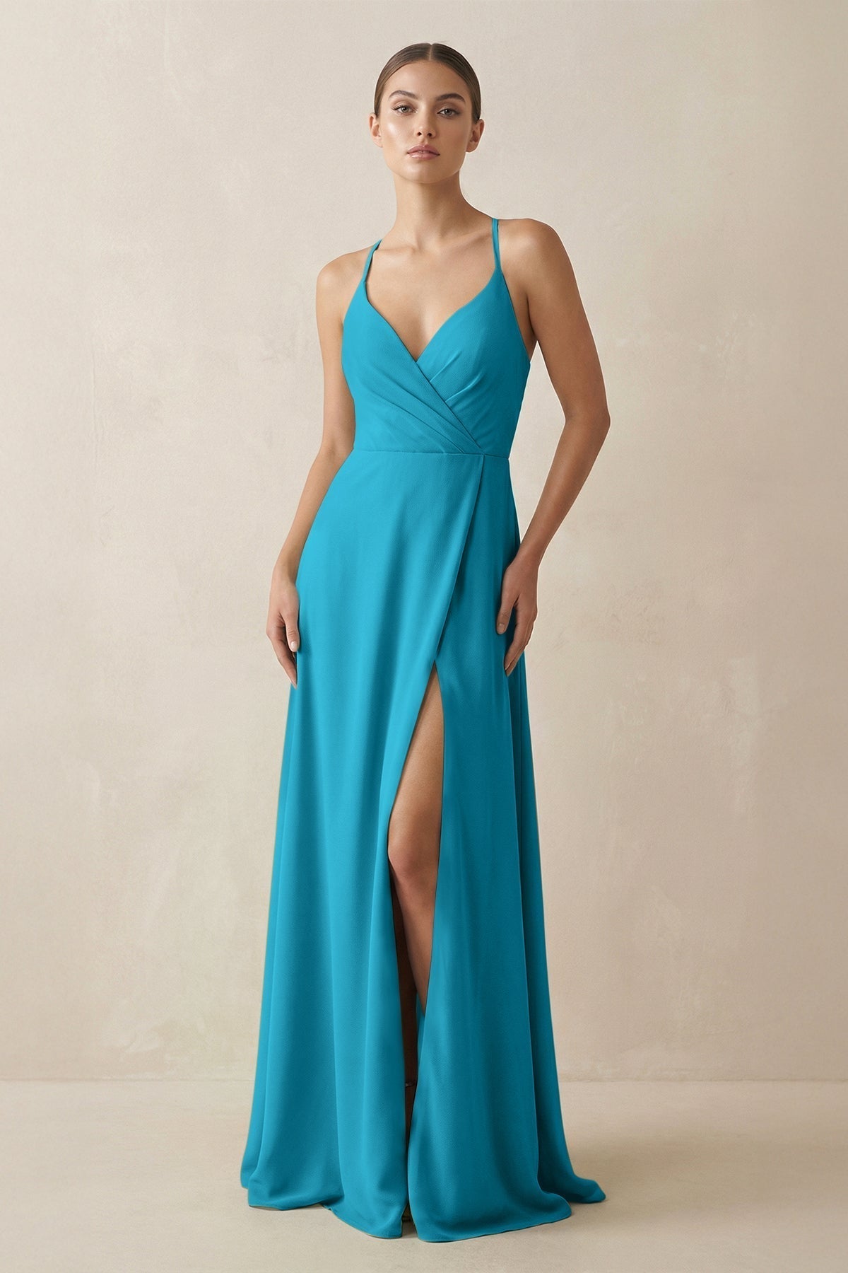 A-Line Chiffon Long Bridesmaid Dress With Slit in Blue Jay