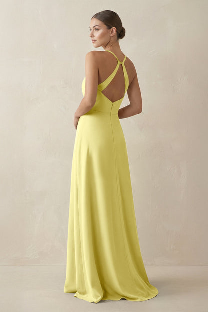 A-Line Chiffon Long Bridesmaid Dress With Slit in Buttercup
