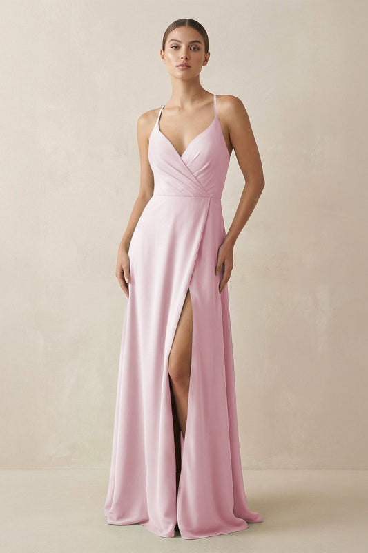 A-Line Chiffon Long Bridesmaid Dress With Slit in Candy Pink