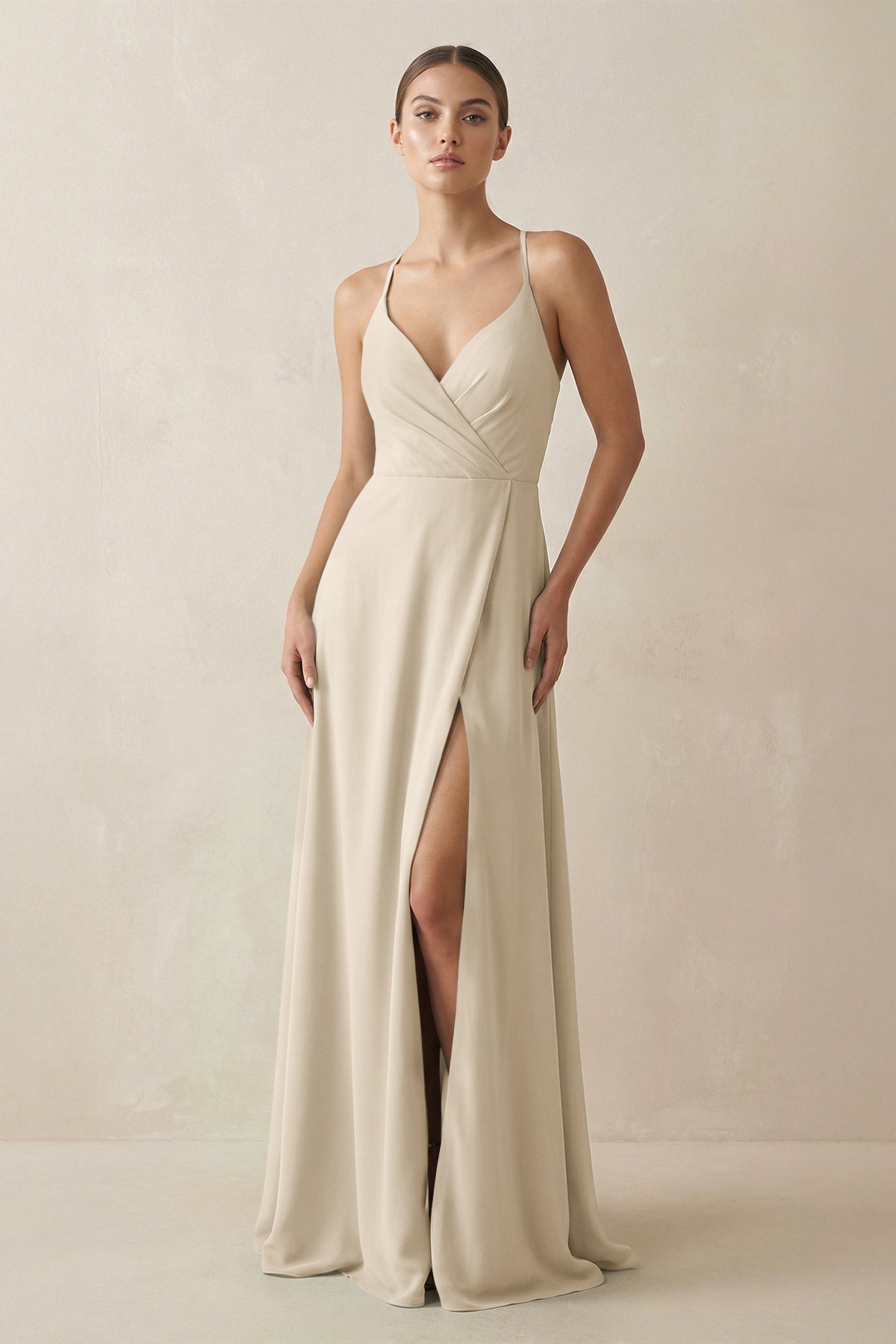 A-Line Chiffon Long Bridesmaid Dress With Slit in Champagne