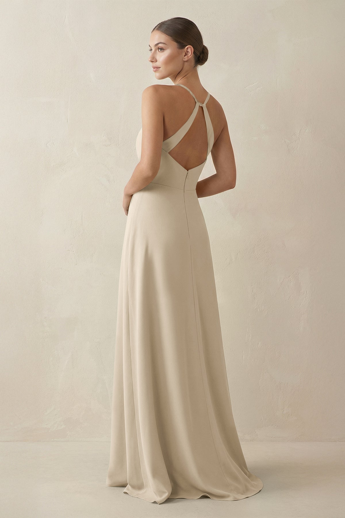 A-Line Chiffon Long Bridesmaid Dress With Slit in Champagne