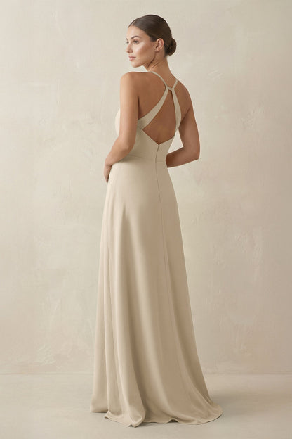 A-Line Chiffon Long Bridesmaid Dress With Slit in Champagne