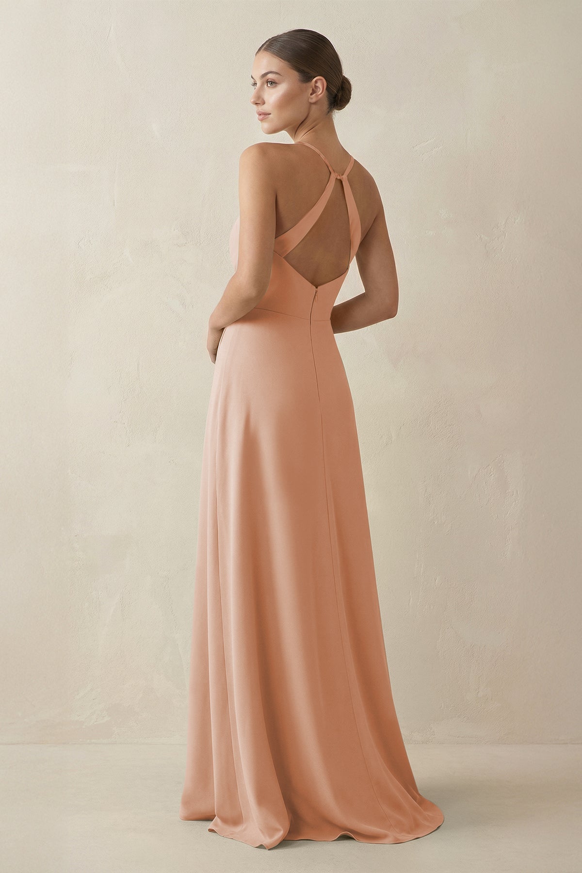 A-Line Chiffon Long Bridesmaid Dress With Slit in Champagne Rose