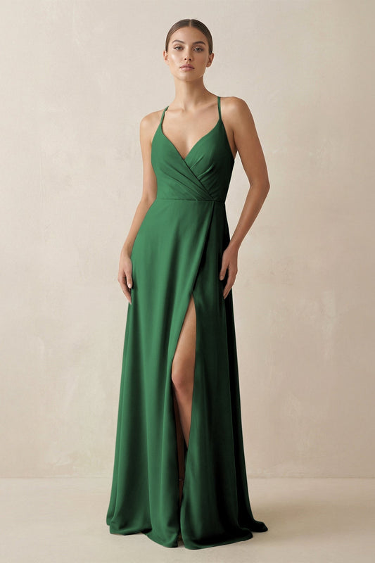 A-Line Chiffon Long Bridesmaid Dress With Slit in Dark Green