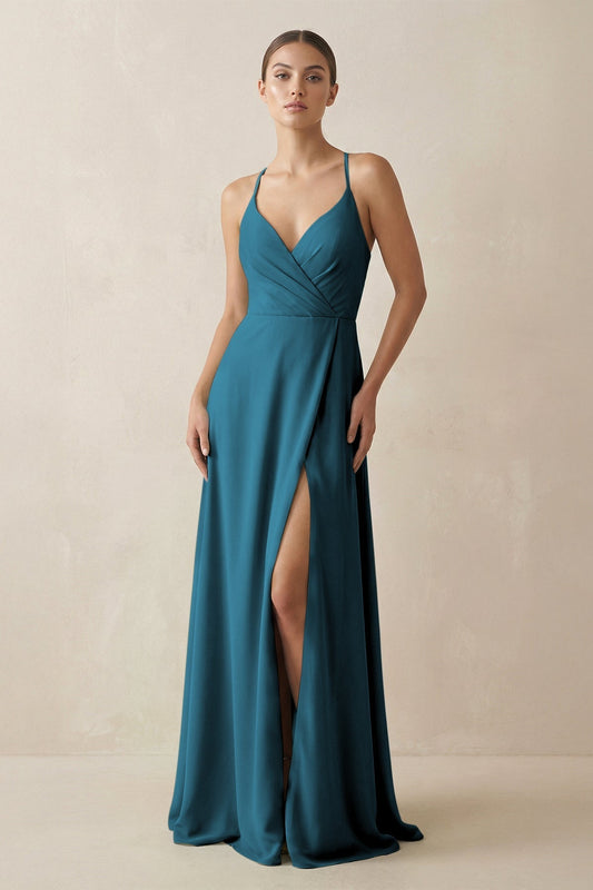 A-Line Chiffon Long Bridesmaid Dress With Slit in Dark Teal