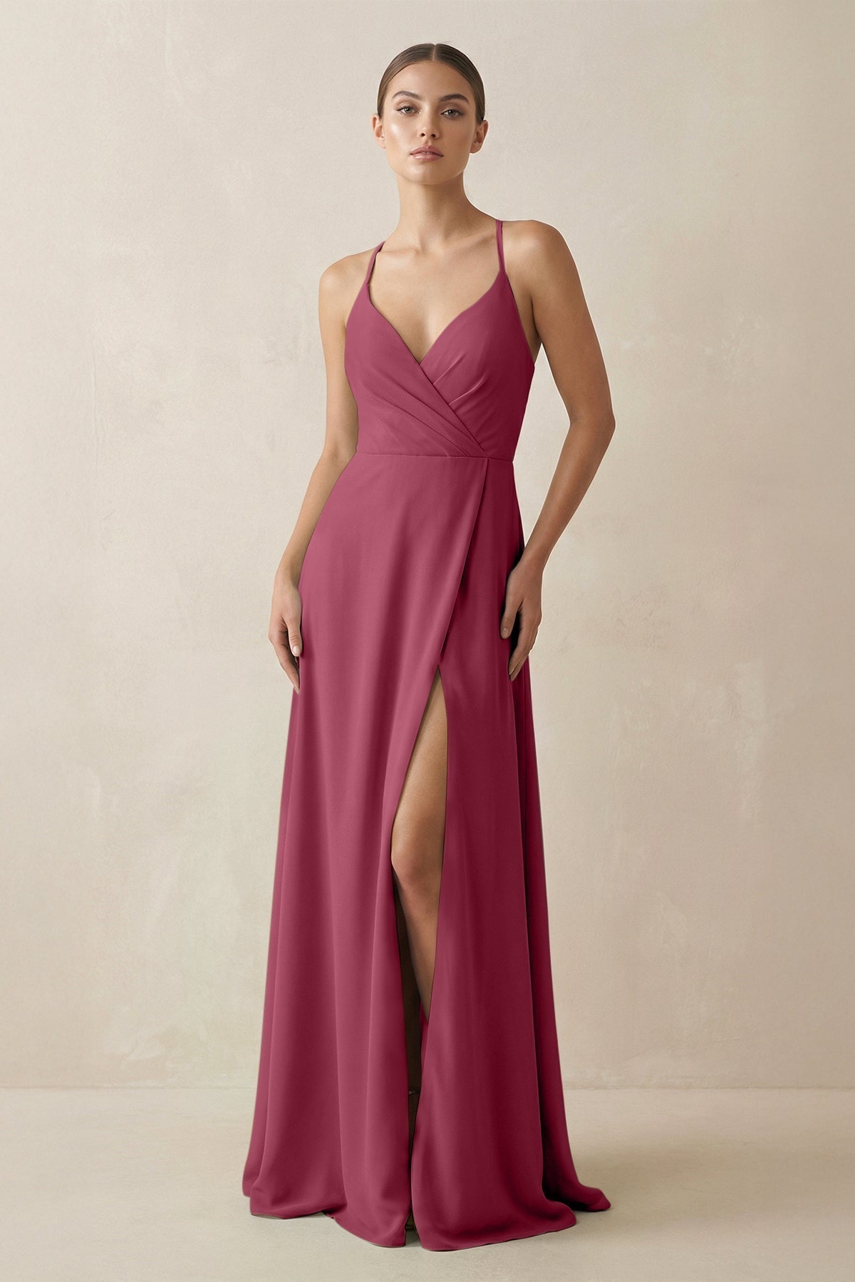 A-Line Chiffon Long Bridesmaid Dress With Slit in Desert Rose