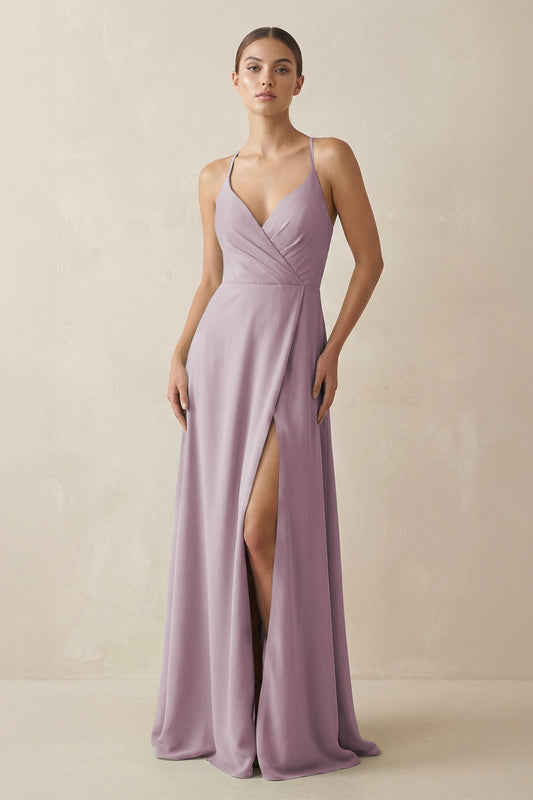 A-Line Chiffon Long Bridesmaid Dress With Slit in Dusk