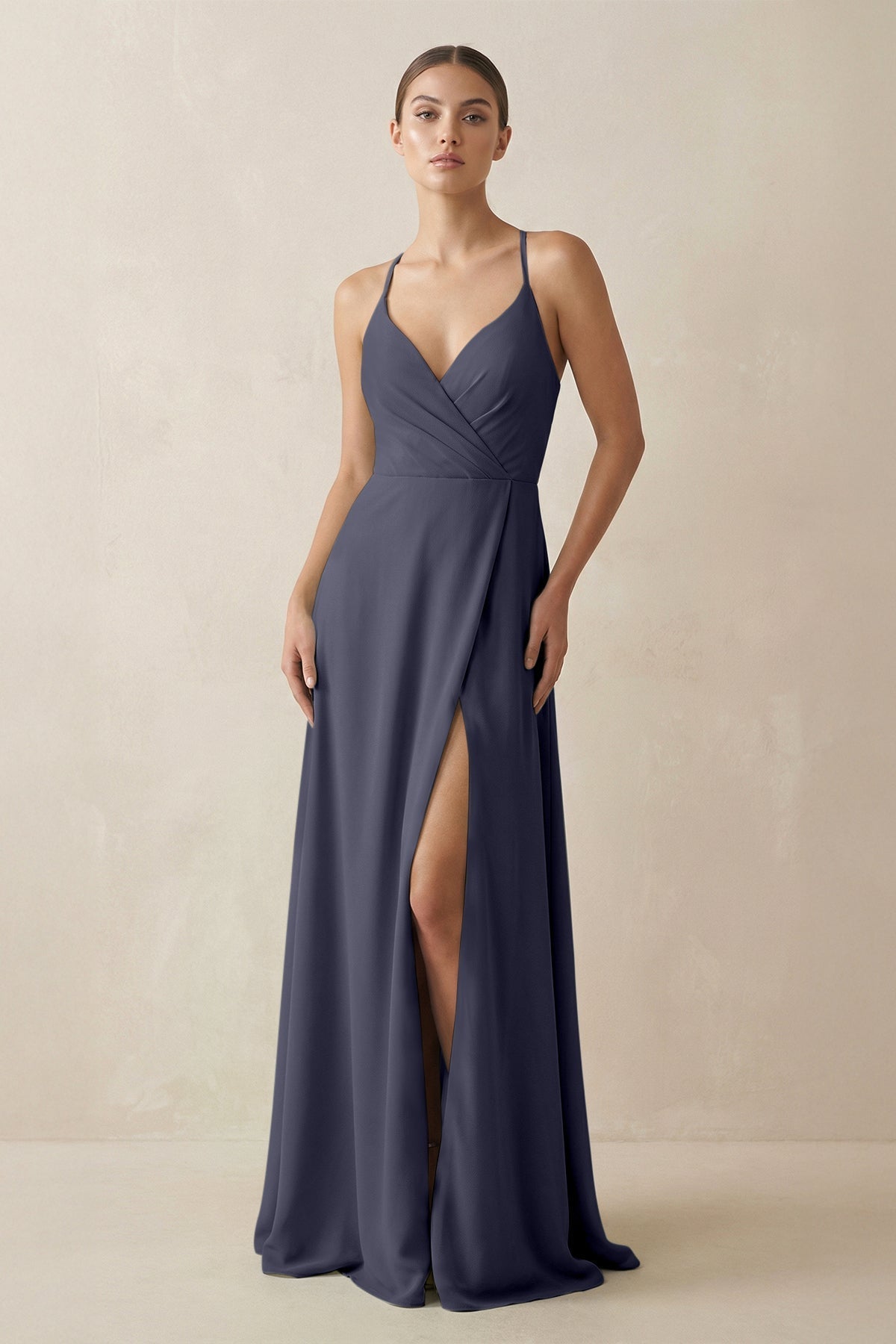 A-Line Chiffon Long Bridesmaid Dress With Slit in Dusk Blue