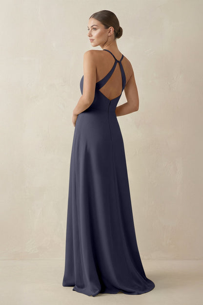 A-Line Chiffon Long Bridesmaid Dress With Slit in Dusk Blue