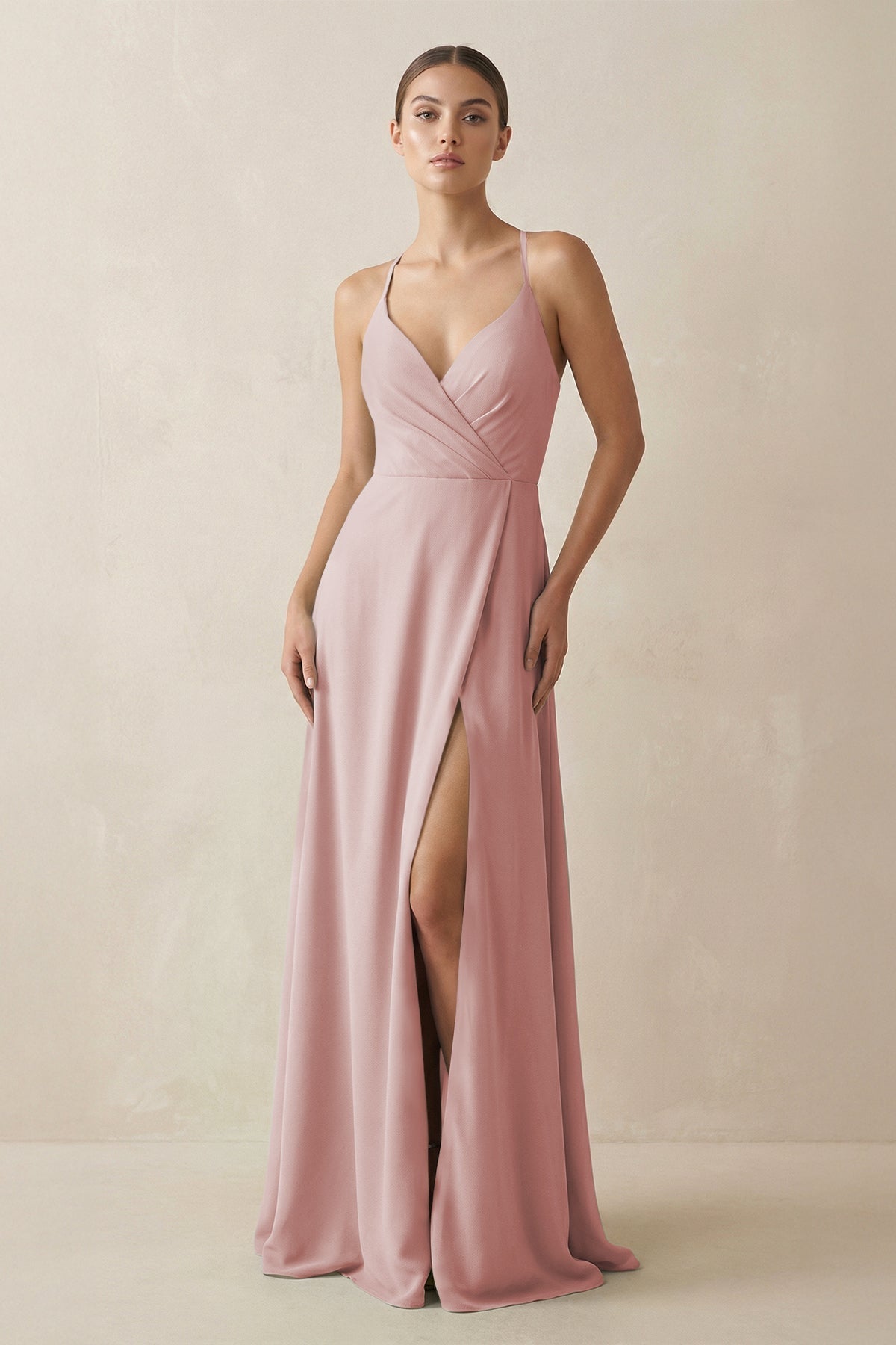A-Line Chiffon Long Bridesmaid Dress With Slit in Dusty Rose