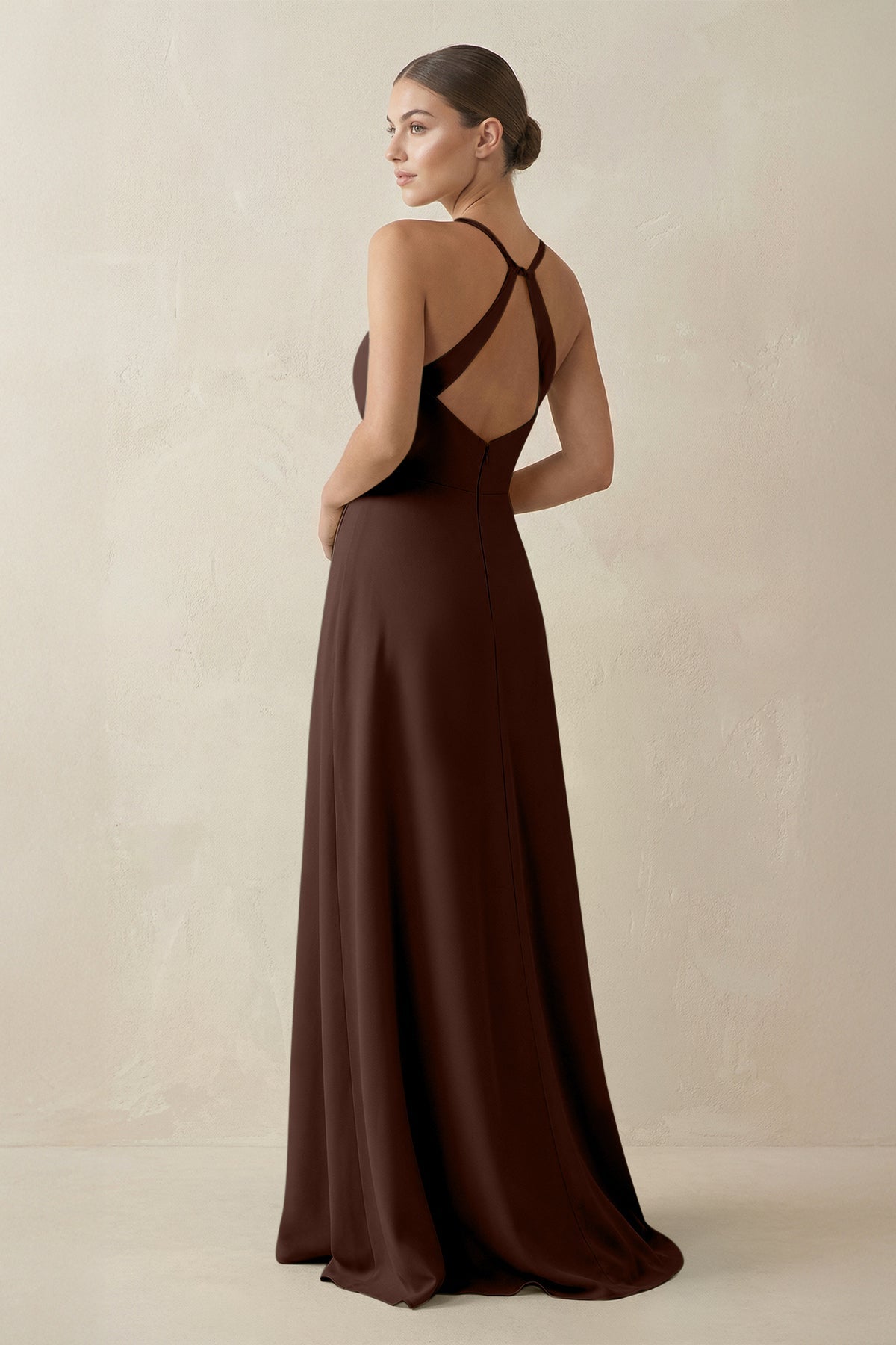A-Line Chiffon Long Bridesmaid Dress With Slit in Espresso