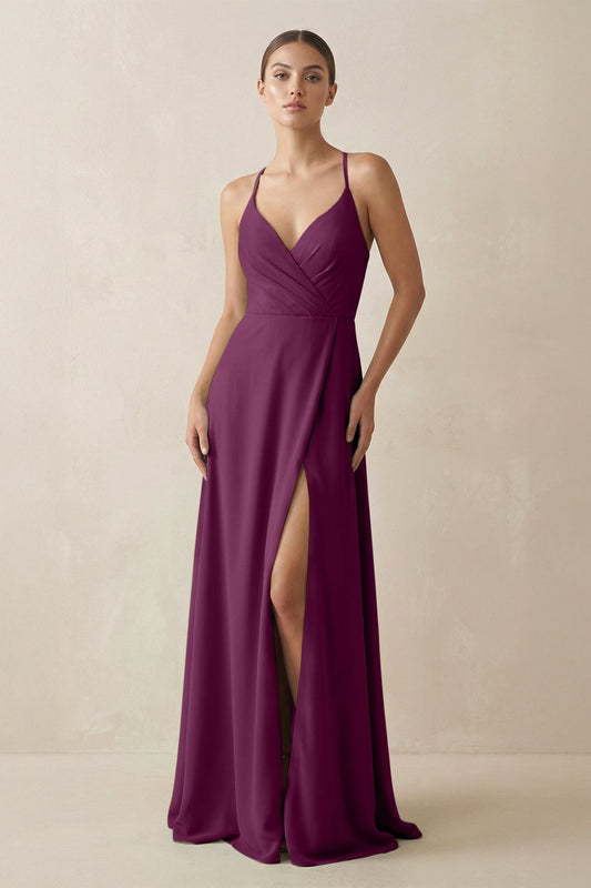 A-Line Chiffon Long Bridesmaid Dress With Slit in Fig