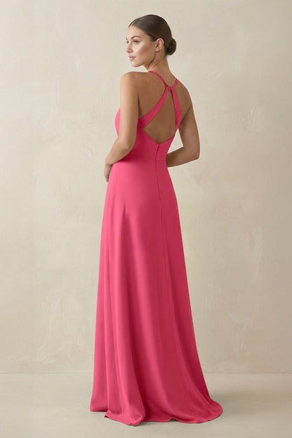 A-Line Chiffon Long Bridesmaid Dress With Slit in Fuchsia