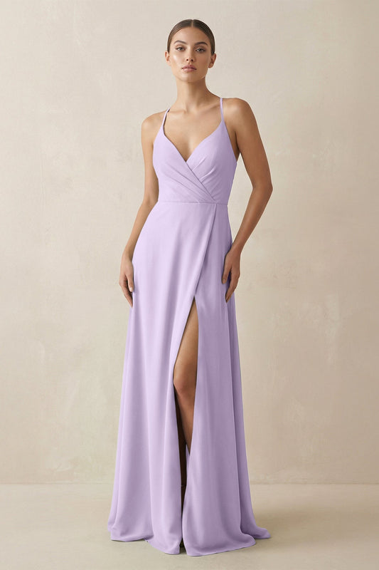 A-Line Chiffon Long Bridesmaid Dress With Slit in Lavender