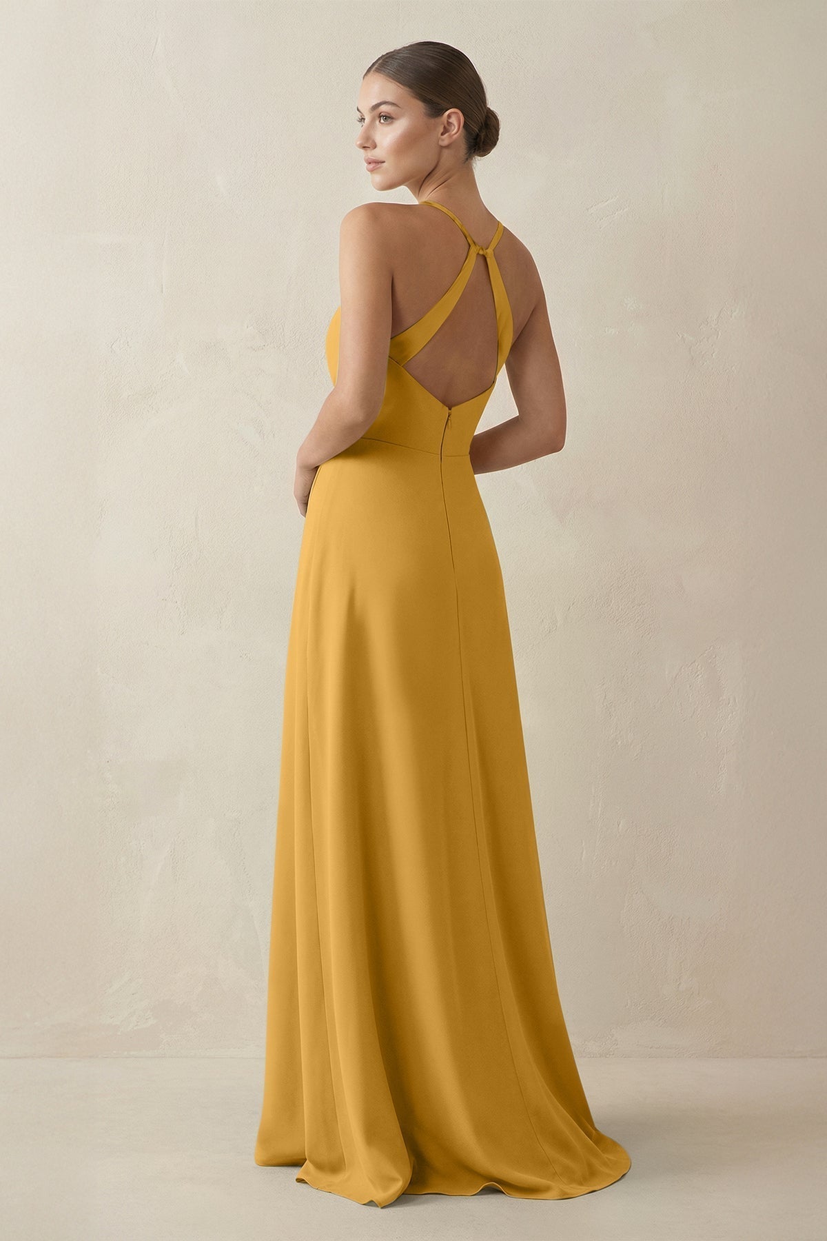 A-Line Chiffon Long Bridesmaid Dress With Slit in Marigold