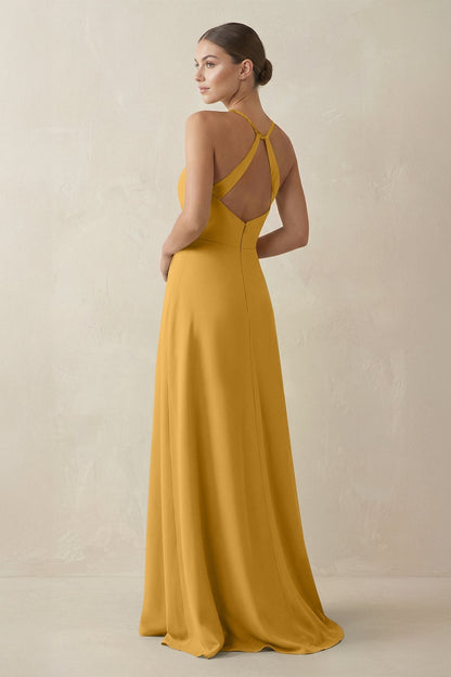 A-Line Chiffon Long Bridesmaid Dress With Slit in Marigold