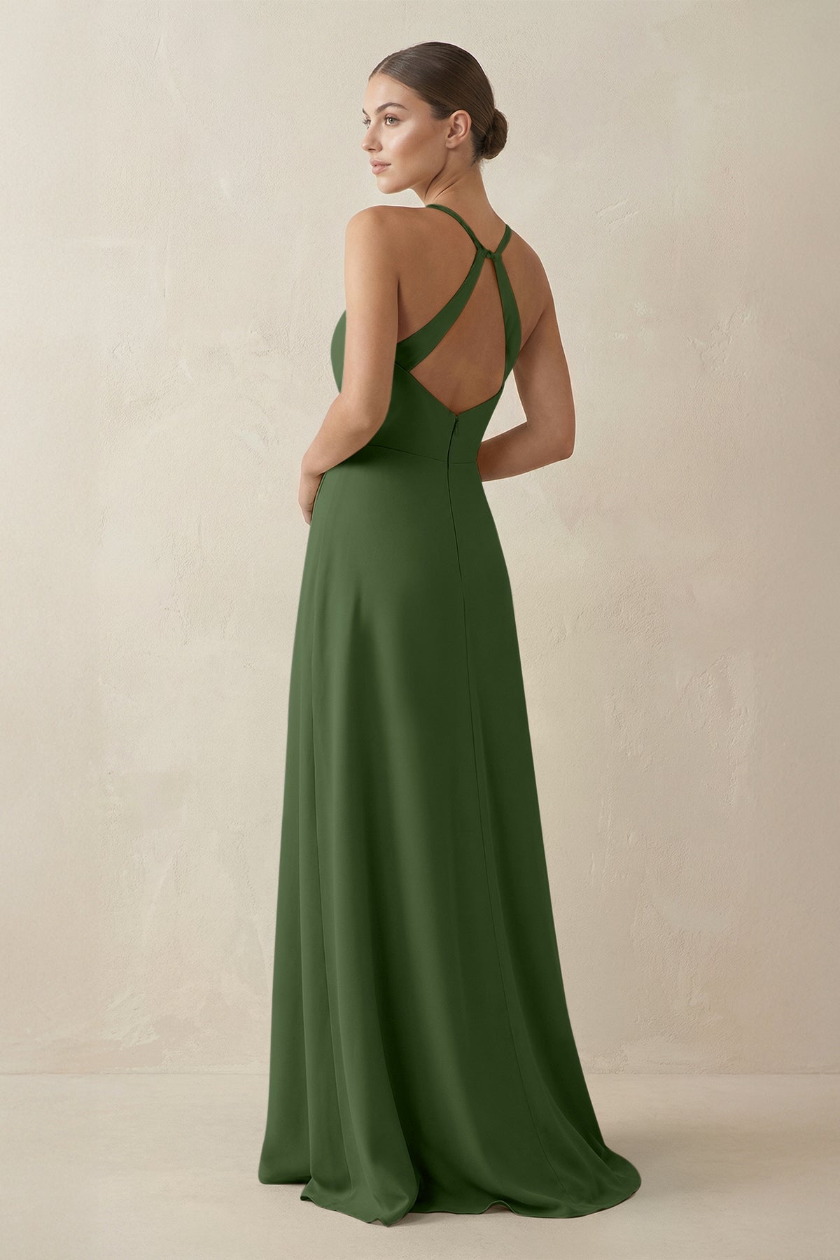 A-Line Chiffon Long Bridesmaid Dress With Slit in Moss