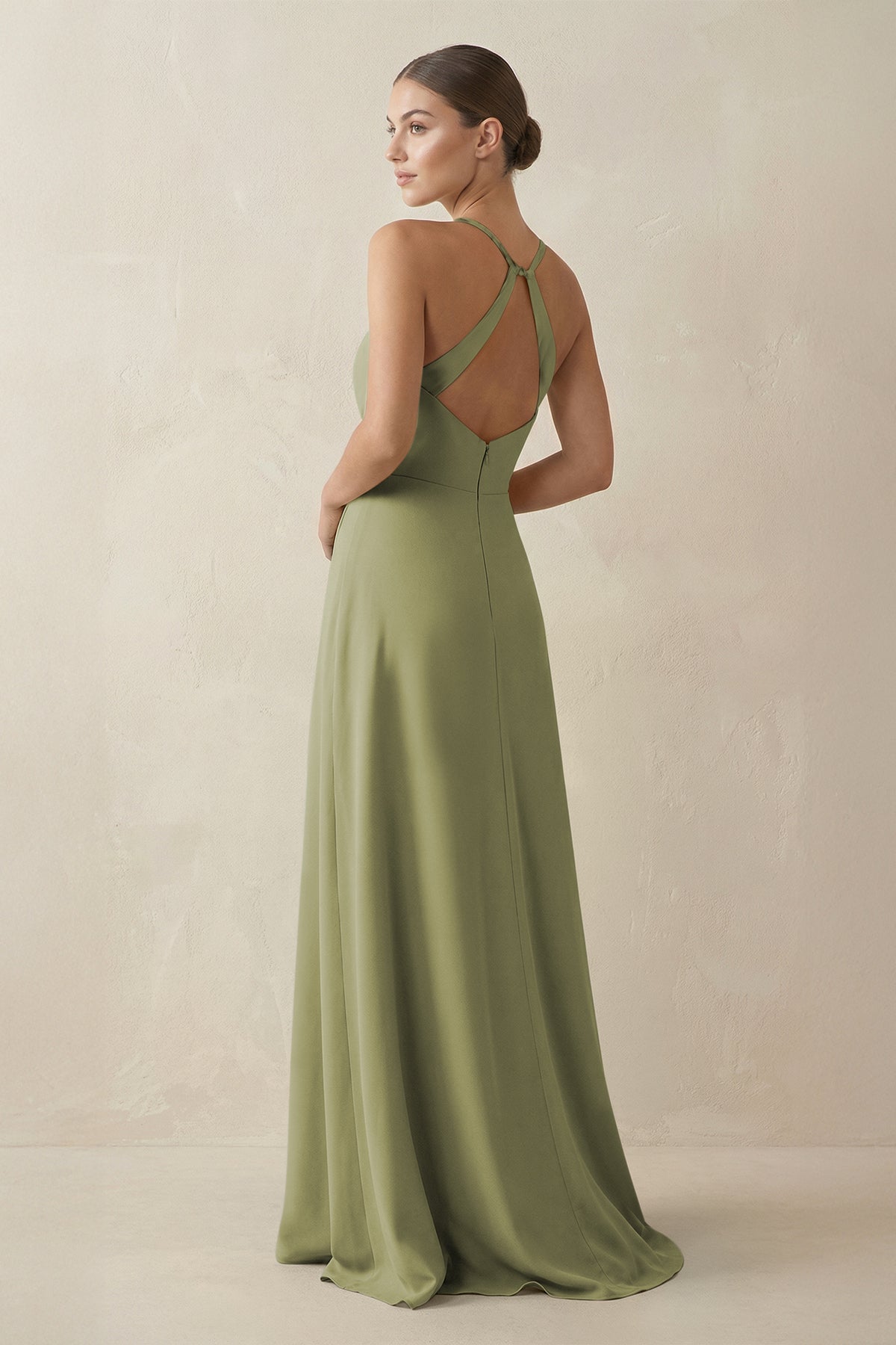 A-Line Chiffon Long Bridesmaid Dress With Slit in Moss Green