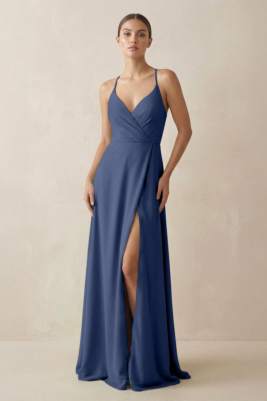 A-Line Chiffon Long Bridesmaid Dress With Slit in Navy