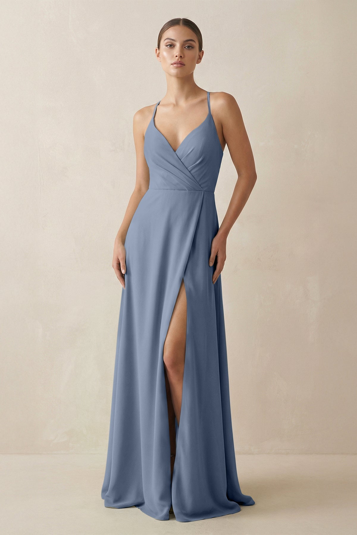 A-Line Chiffon Long Bridesmaid Dress With Slit in Neptune