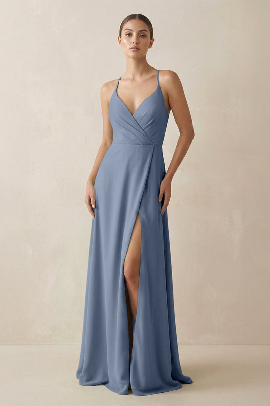 A-Line Chiffon Long Bridesmaid Dress With Slit in Neptune