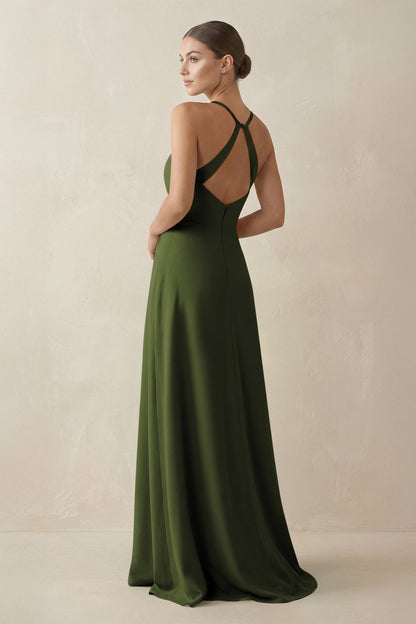 A-Line Chiffon Long Bridesmaid Dress With Slit in Olive