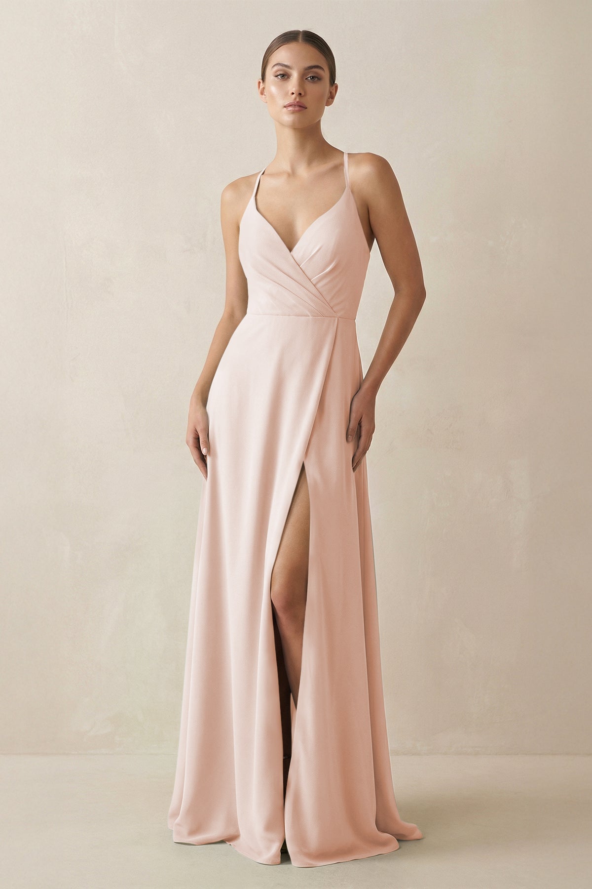 A-Line Chiffon Long Bridesmaid Dress With Slit in Pale Blush